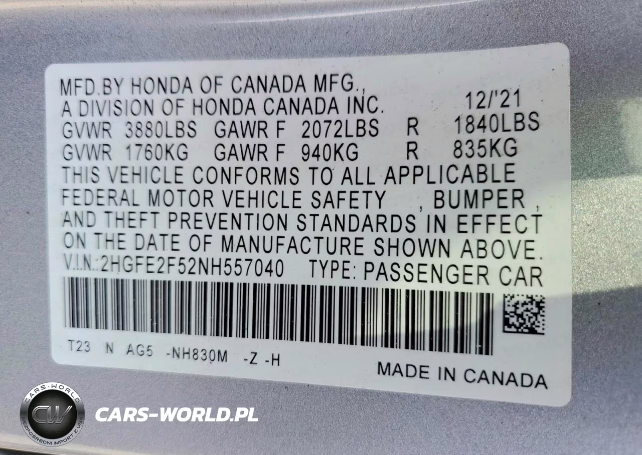 2022 Honda Civic Sport VIN:2HGFE2F52NH557040 - 12