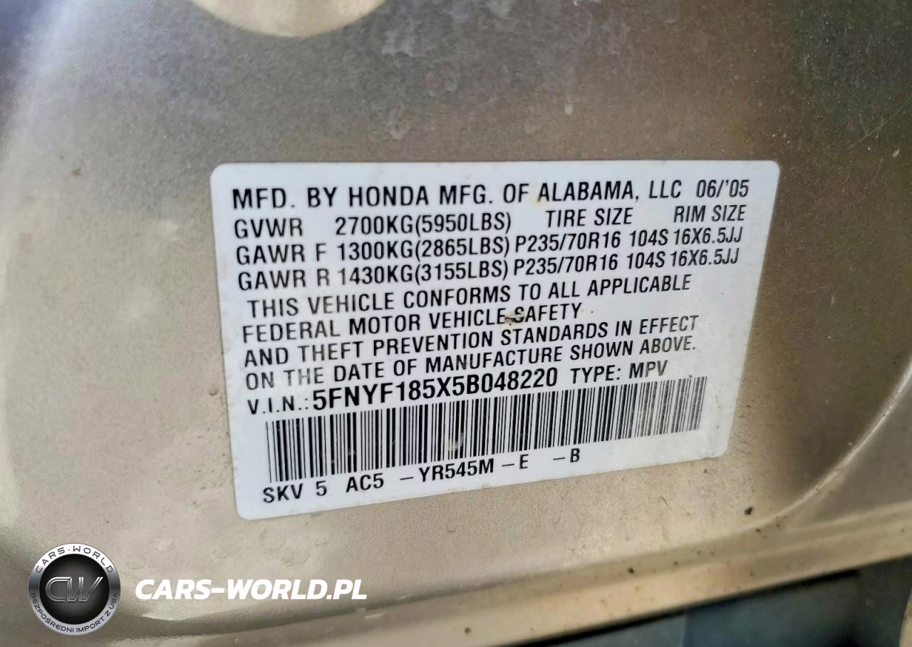 2005 Honda Pilot Exl VIN:5FNYF185X5B048220 - 12