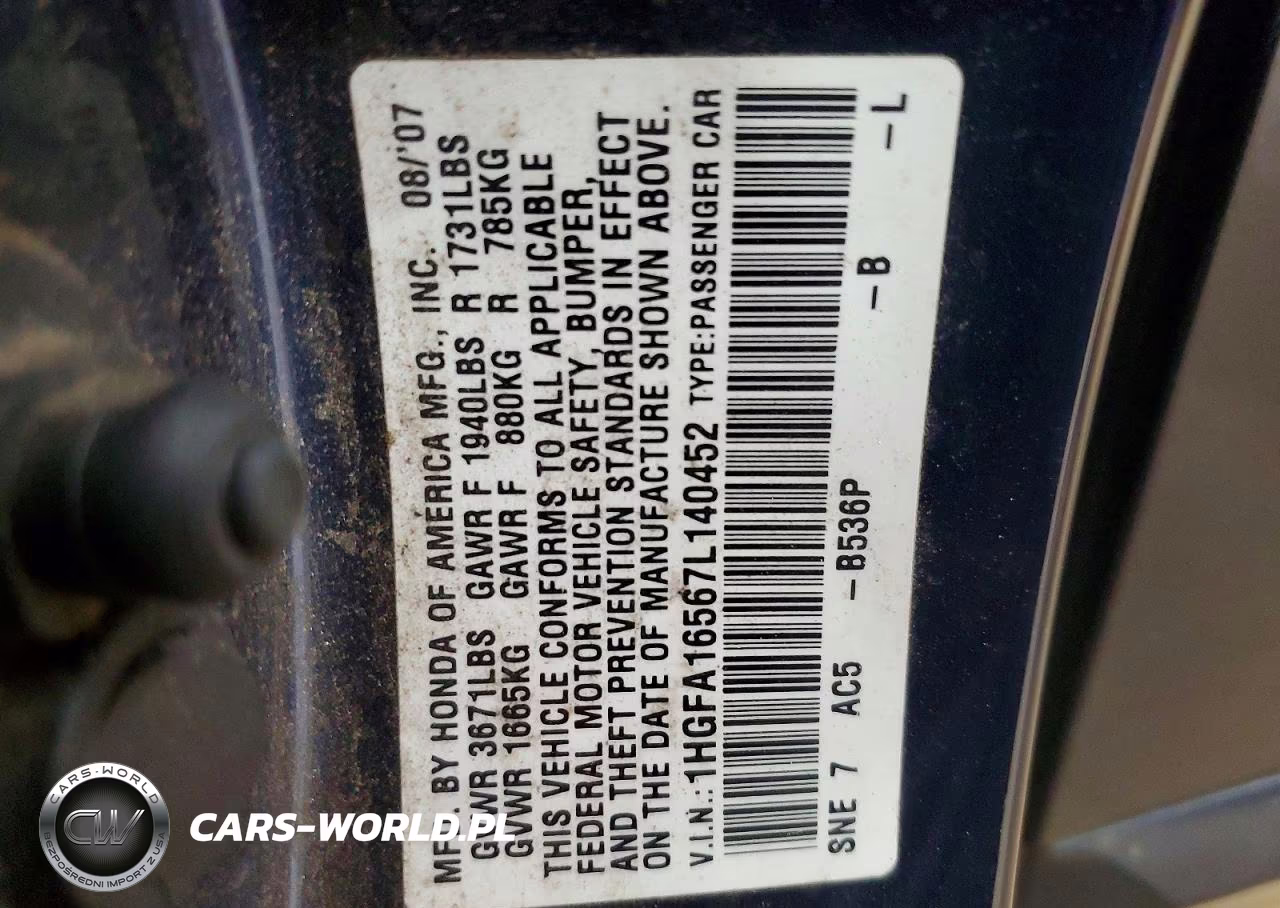 2007 Honda Civic Lx VIN:1HGFA16567L140452 - 12