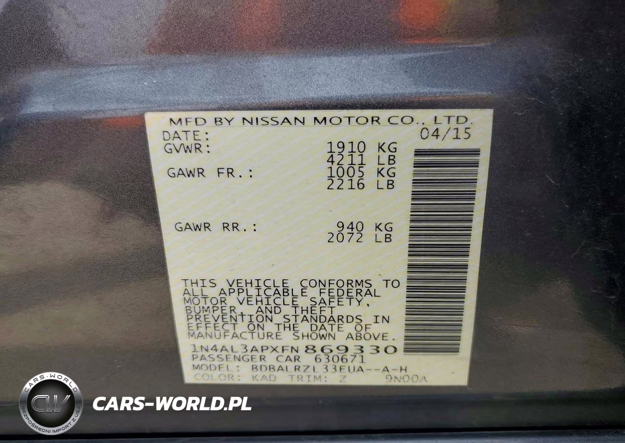2015 Nissan Altima 2.5 Sl VIN:1N4AL3APXFN869330 - 12