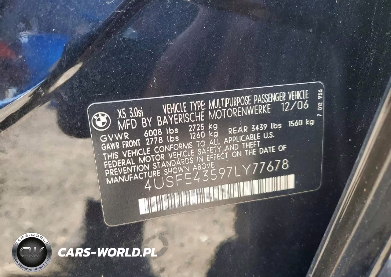 2007 BMW X5 3.0I VIN:4USFE43597LY77678 - 13