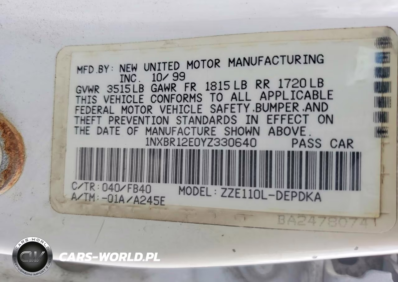 2000 Toyota Cor VIN:1NXBR12E0YZ330640 - 12