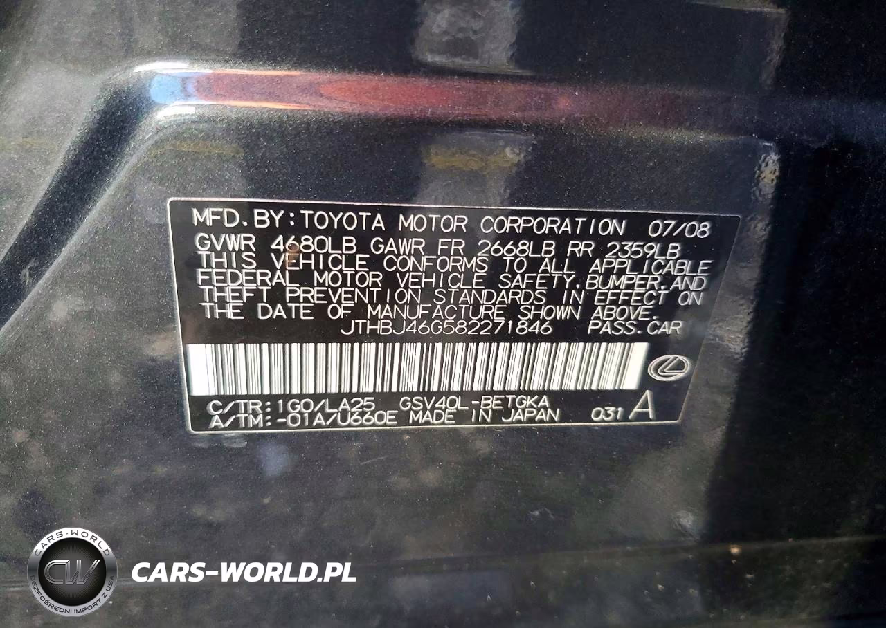 2008 Lexus Es 350 VIN:JTHBJ46G582271846 - 12