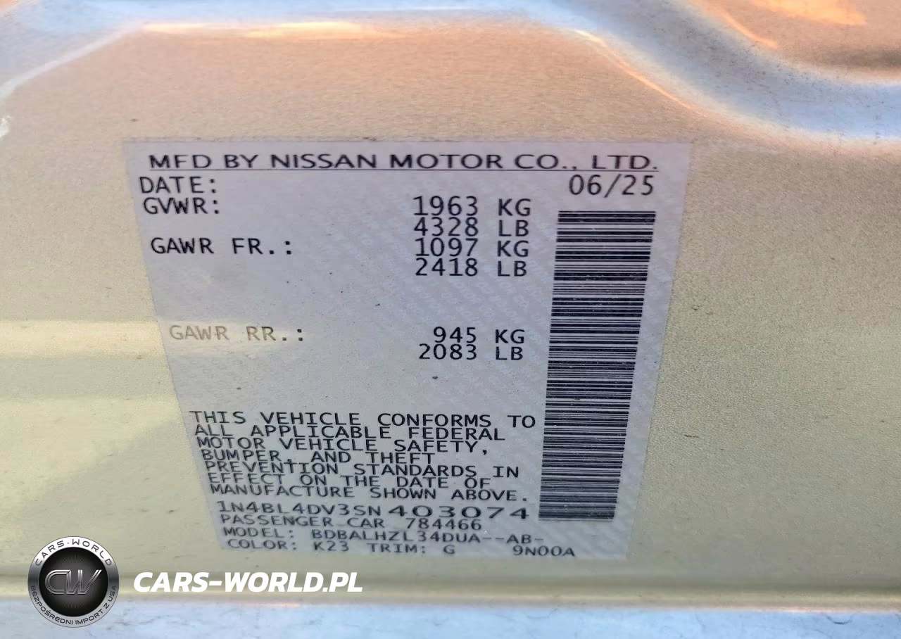 2025 Nissan Altima Sv VIN:1N4BL4DV3SN403074 - 12
