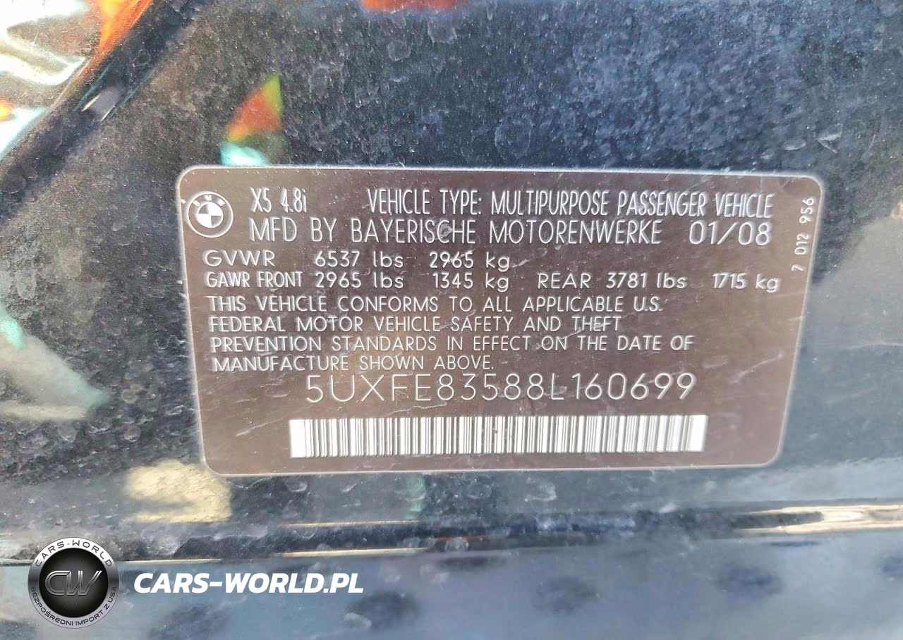 2008 BMW X5 4.8I VIN:5UXFE83588L160699 - 13