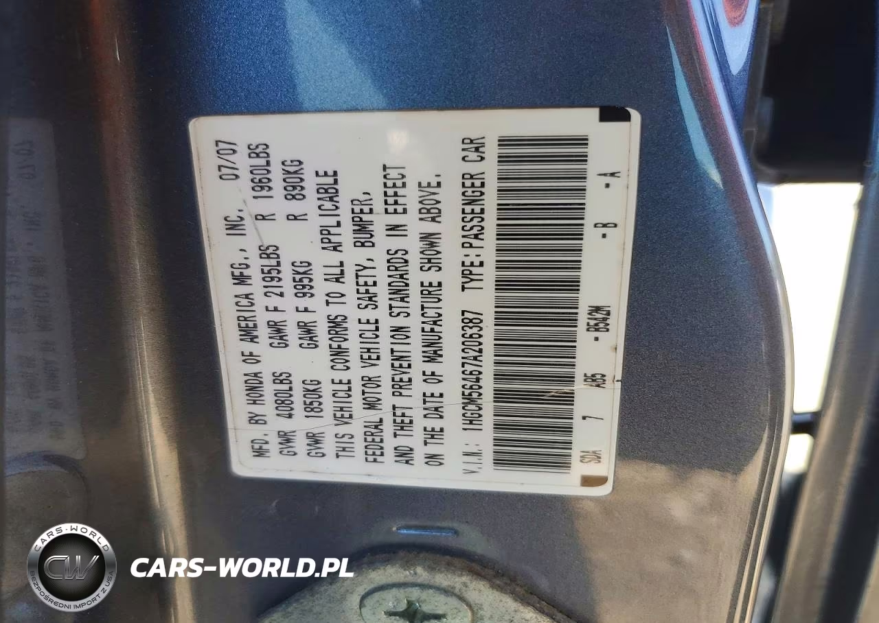 2007 Honda Accord Lx VIN:1HGCM56467A206387 - 12