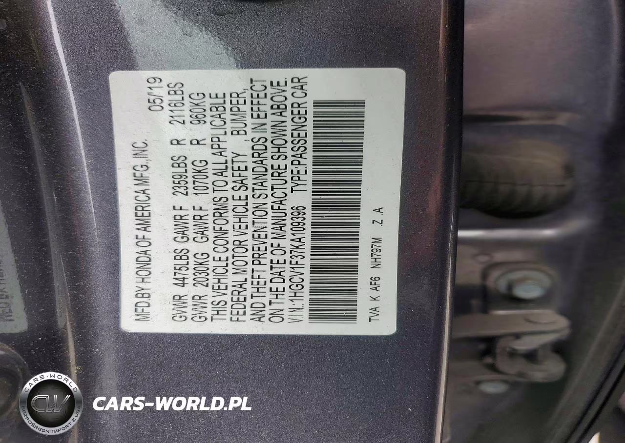 2019 Honda Accord Sport VIN:1HGCV1F37KA109396 - 12