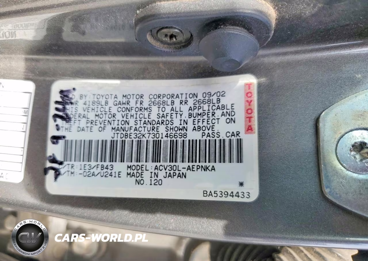 2003 Toyota Camry Le VIN:JTDBE32K730146698 - 12