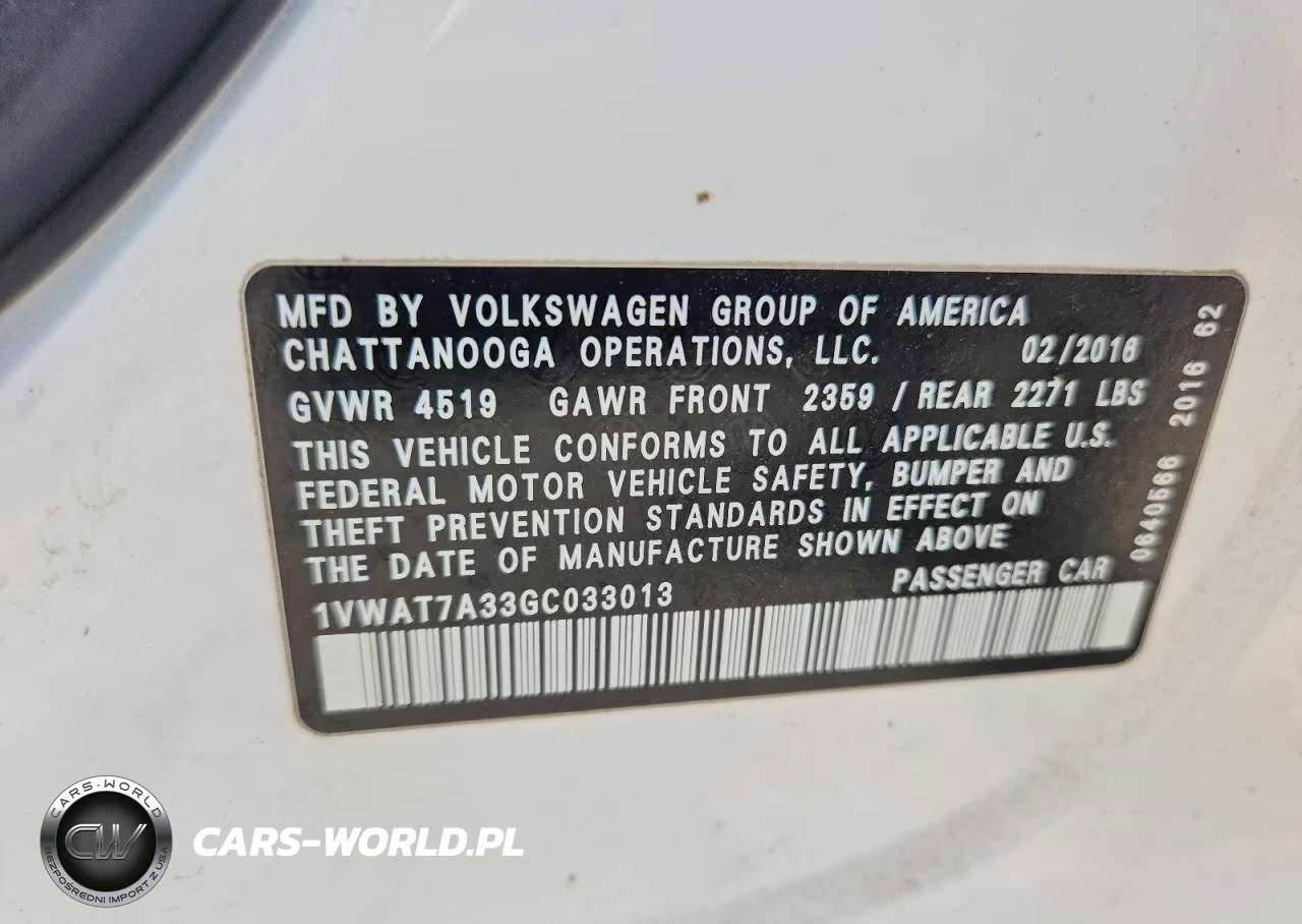 2016 Volkswagen Passat S VIN:1VWAT7A33GC033013 - 13