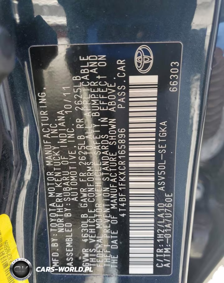 2012 Toyota Camry Xle VIN:4T4BF1FKXCR165896 - 12
