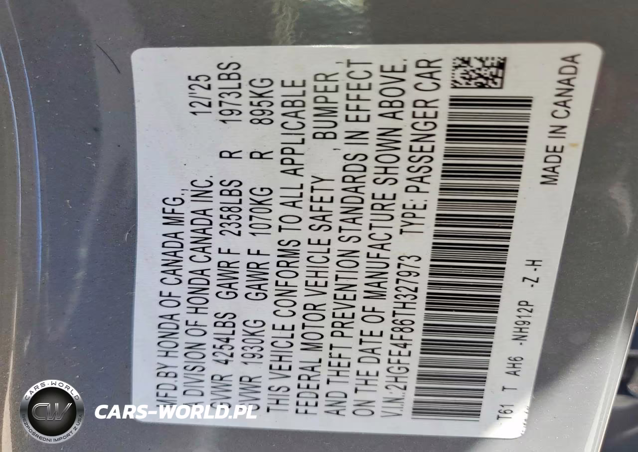 2026 Honda Civic Sport VIN:2HGFE4F86TH327973 - 12