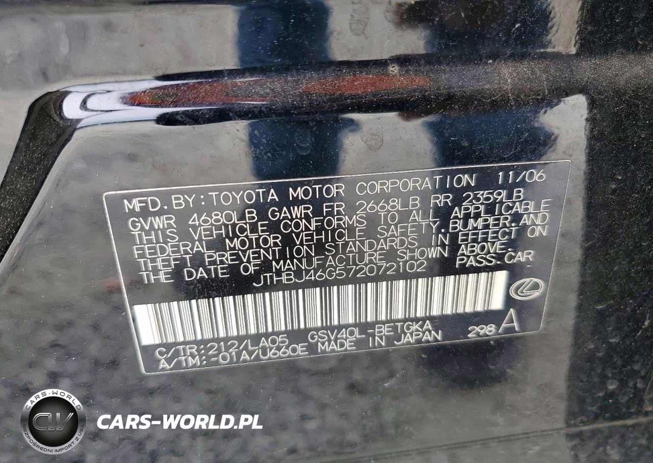 2007 Lexus Es 350 VIN:JTHBJ46G572072102 - 12