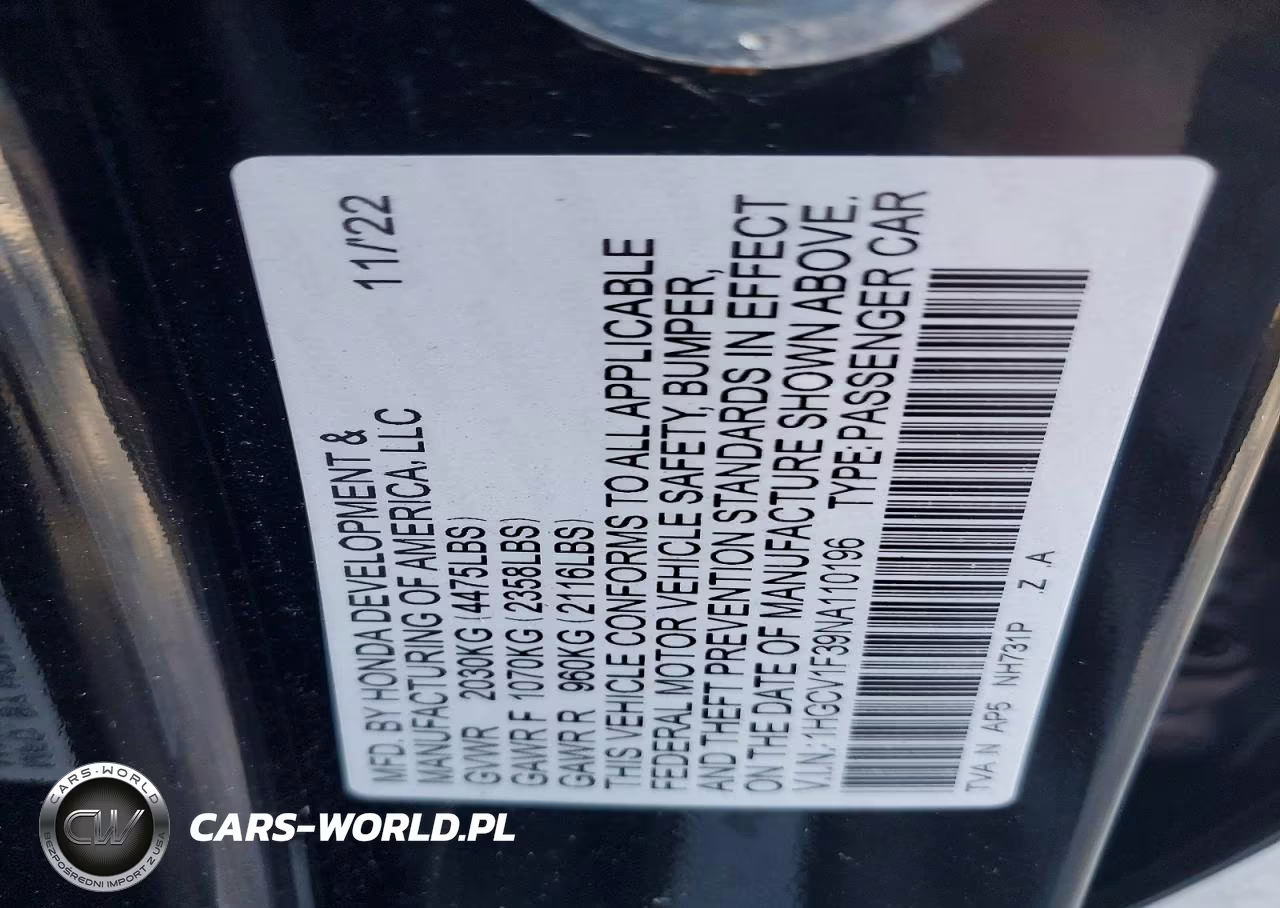 2022 Honda Accord Sport VIN:1HGCV1F39NA110196 - 12
