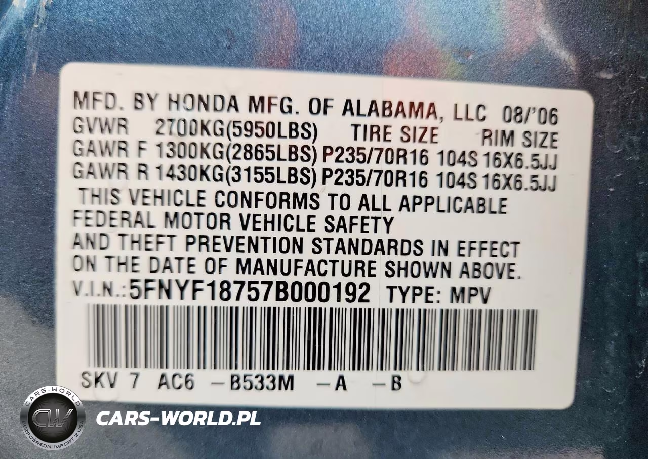 2007 Honda Pilot Exl VIN:5FNYF18757B000192 - 13