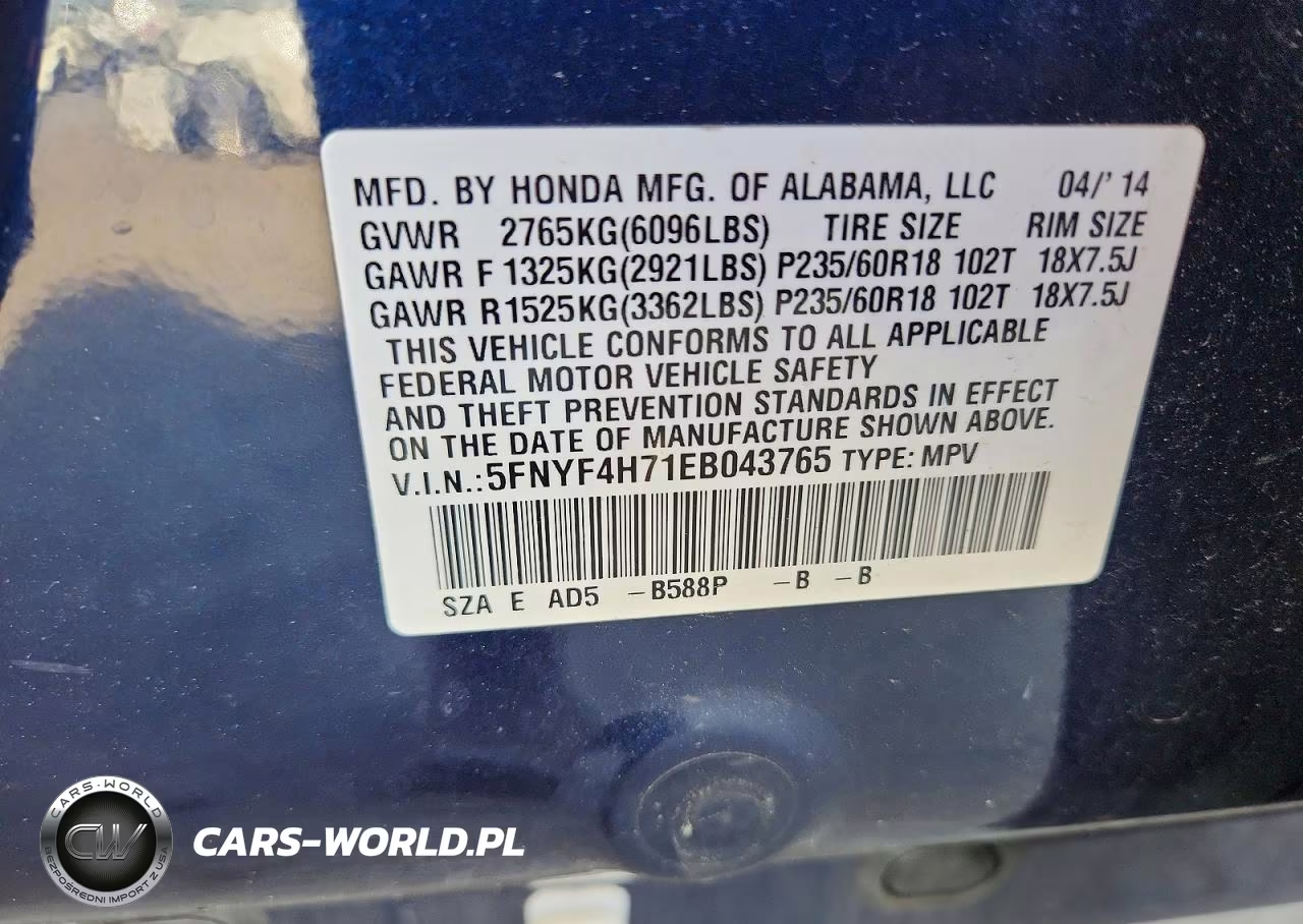 2014 Honda Pilot Exln VIN:5FNYF4H71EB043765 - 13