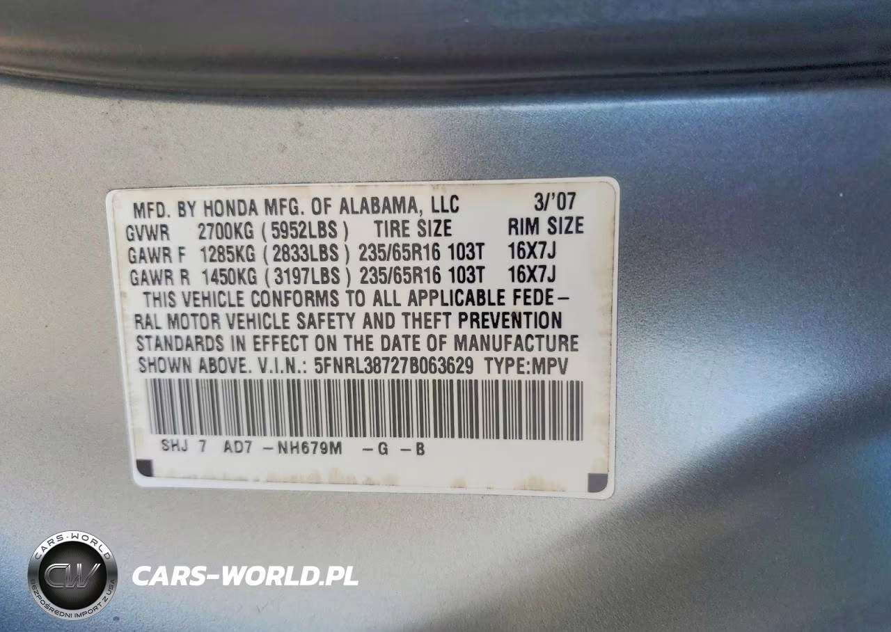 2007 Honda Odyssey Exl VIN:5FNRL38727B063629 - 13