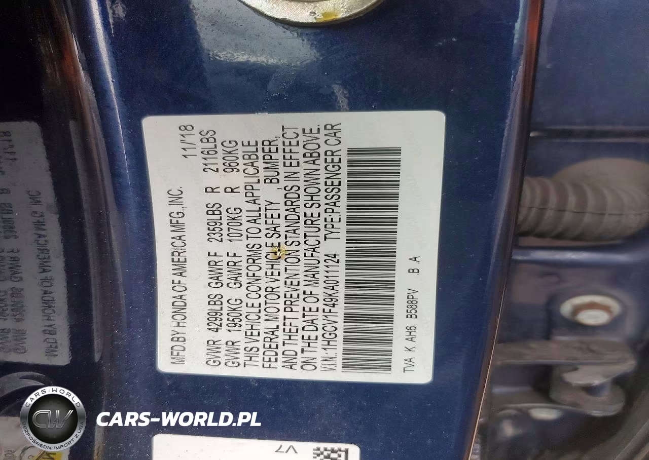 2019 Honda Accord Ex VIN:1HGCV1F49KA011124 - 12