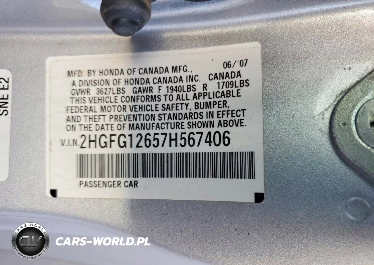 2007 Honda Civic Lx VIN:2HGFG12657H567406 - 12