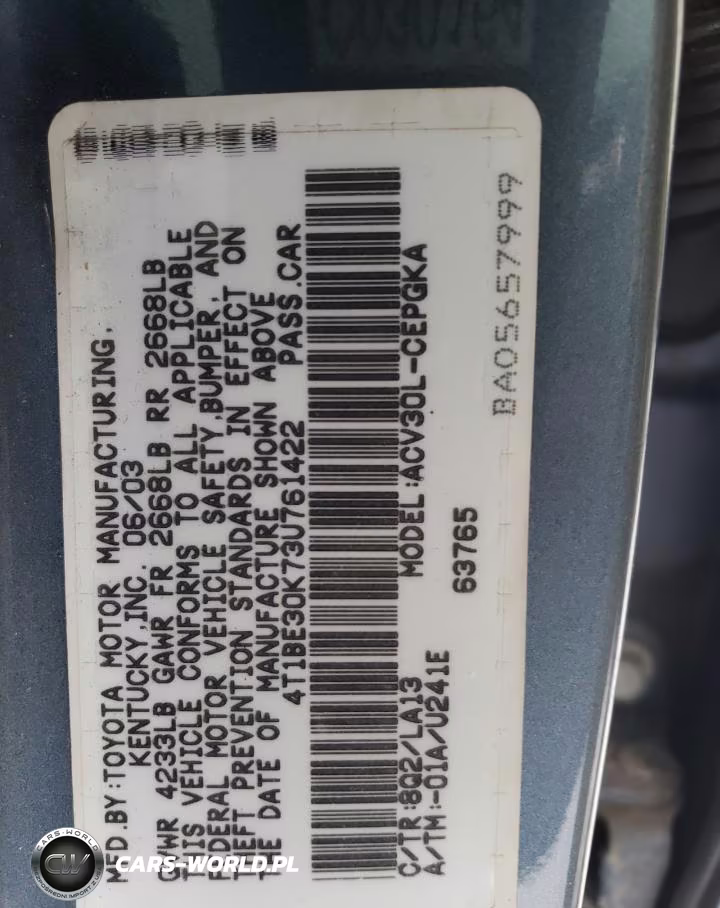 2003 Toyota Camry Le VIN:4T1BE30K73U761422 - 12
