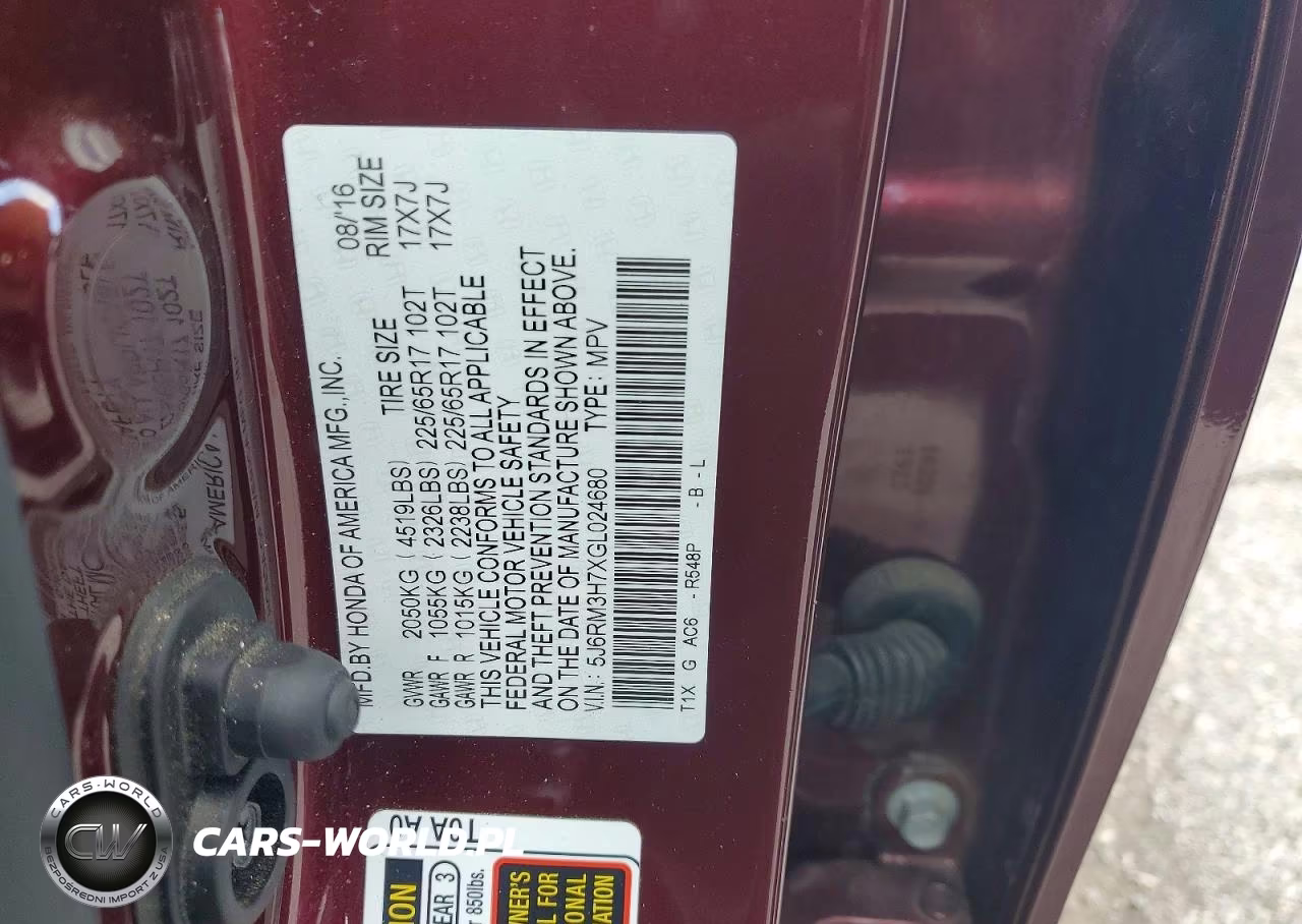 2016 Honda Cr-V Exl VIN:5J6RM3H7XGL024680 - 14