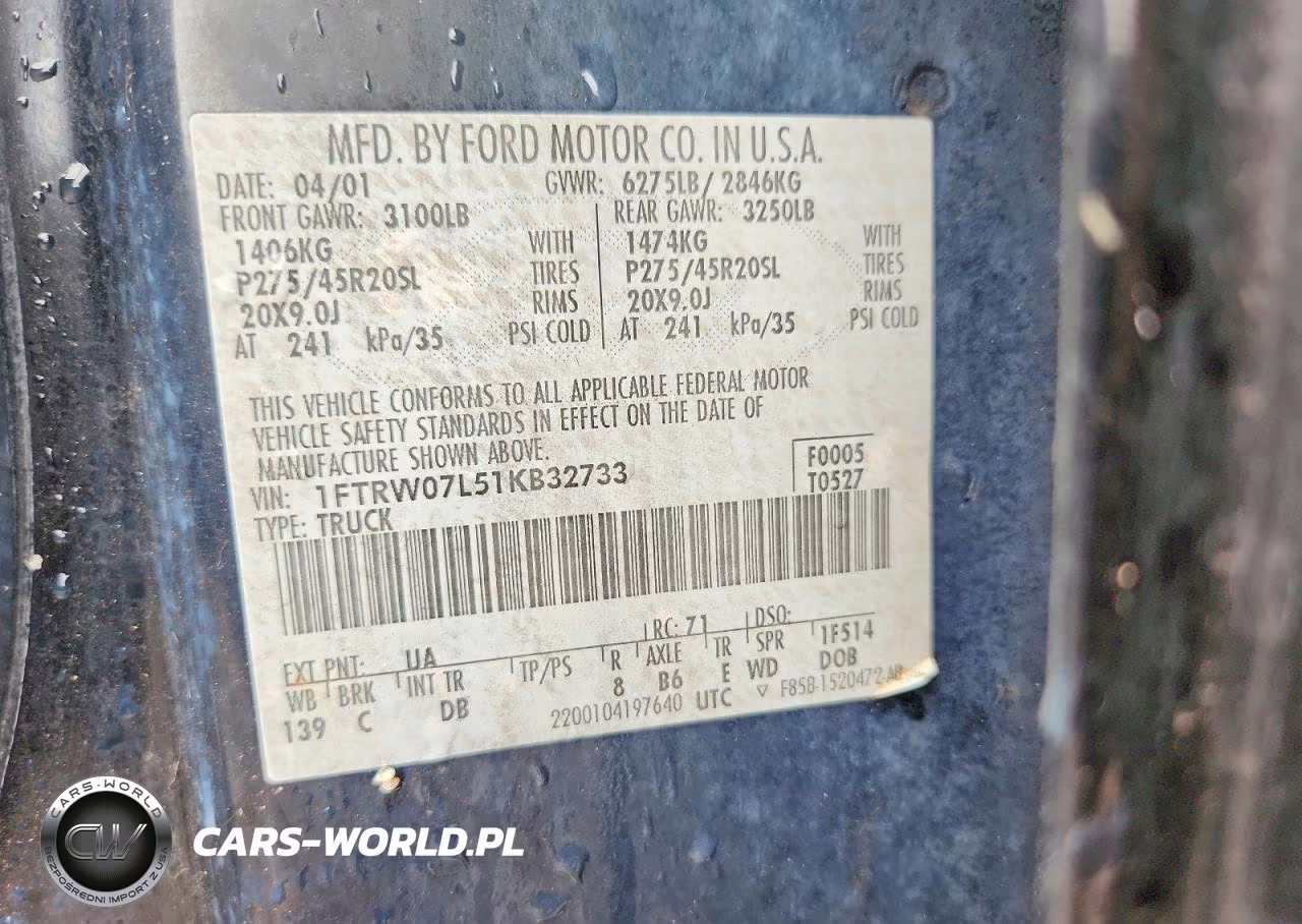 FORD F-150 VIN:1FTRW07L51KB32733 - 12