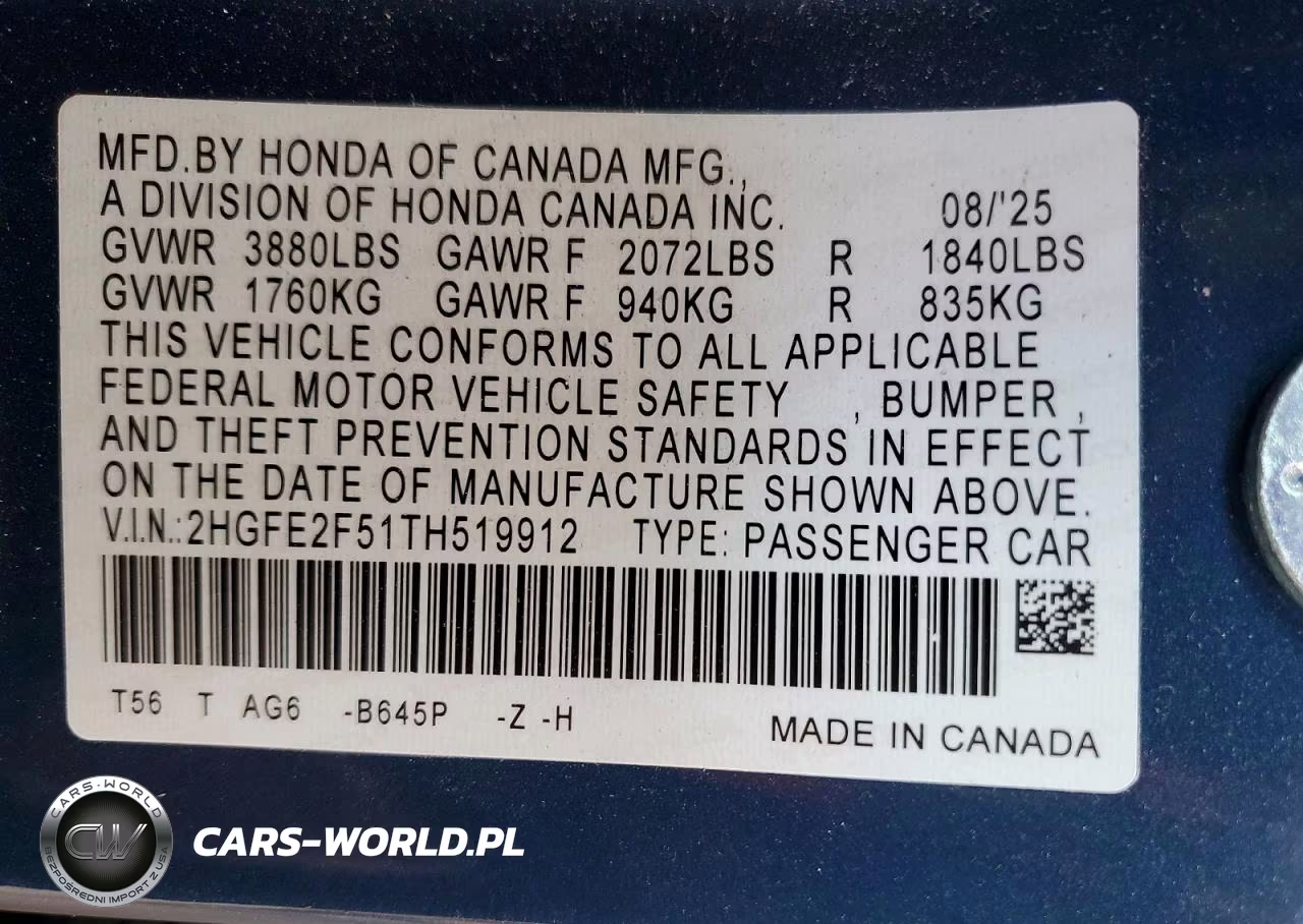 2026 Honda Civic Sport VIN:2HGFE2F51TH519912 - 12