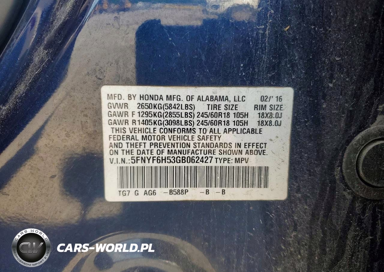2016 Honda Pilot Exl VIN:5FNYF6H53GB062427 - 13