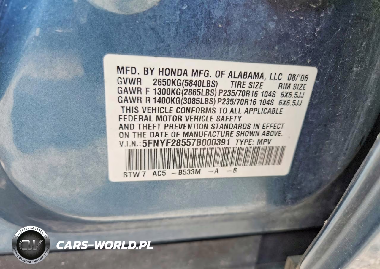 2007 Honda Pilot Exl VIN:5FNYF28557B000391 - 13