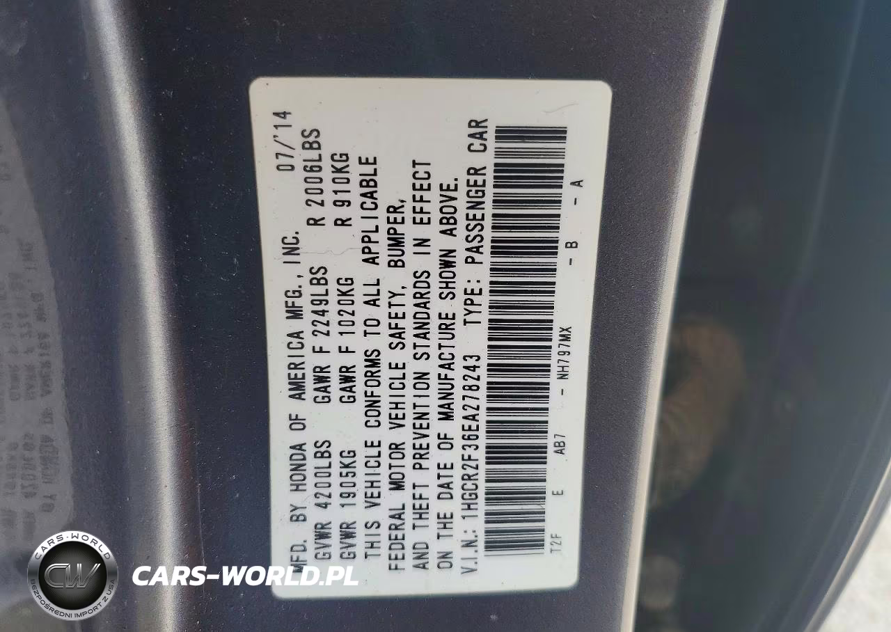 2014 Honda Accord Lx VIN:1HGCR2F36EA278243 - 12
