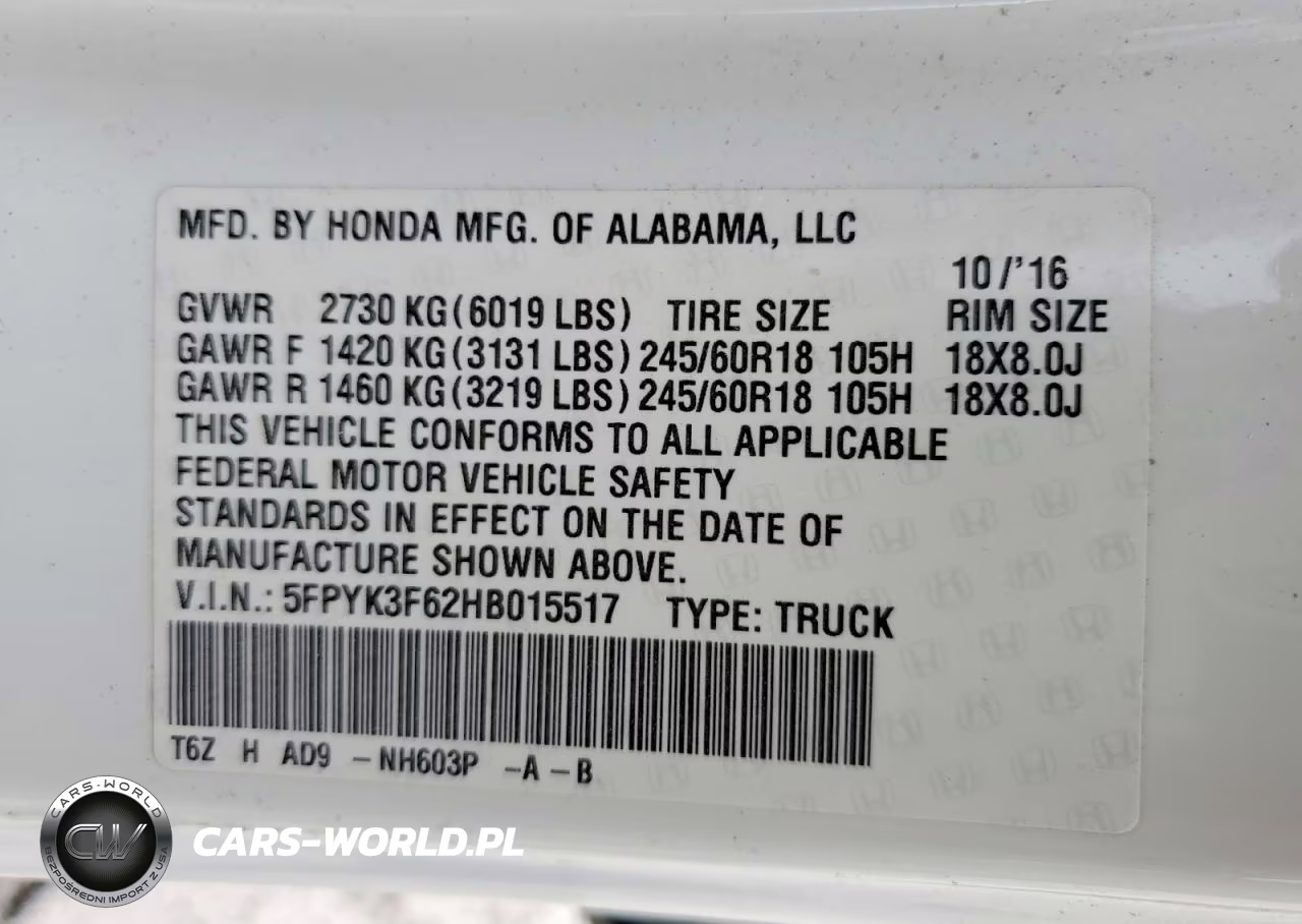 2017 Honda Ridgeline Rtl VIN:5FPYK3F62HB015517 - 12