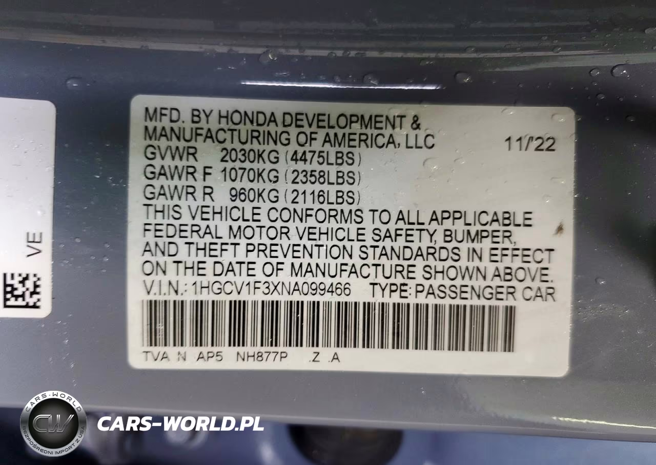 2022 Honda Accord Sport VIN:1HGCV1F3XNA099466 - 12