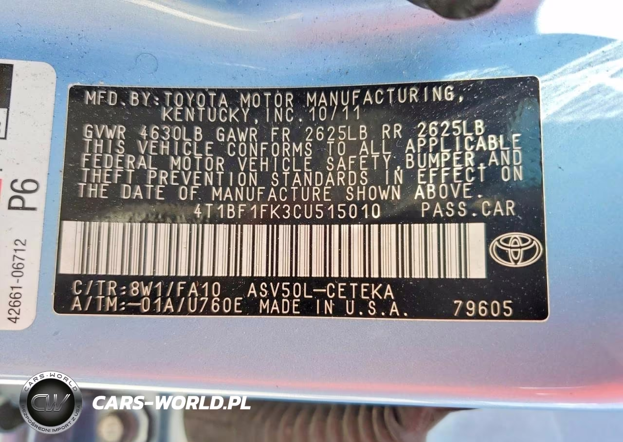 2012 Toyota Camry L VIN:4T1BF1FK3CU515010 - 12