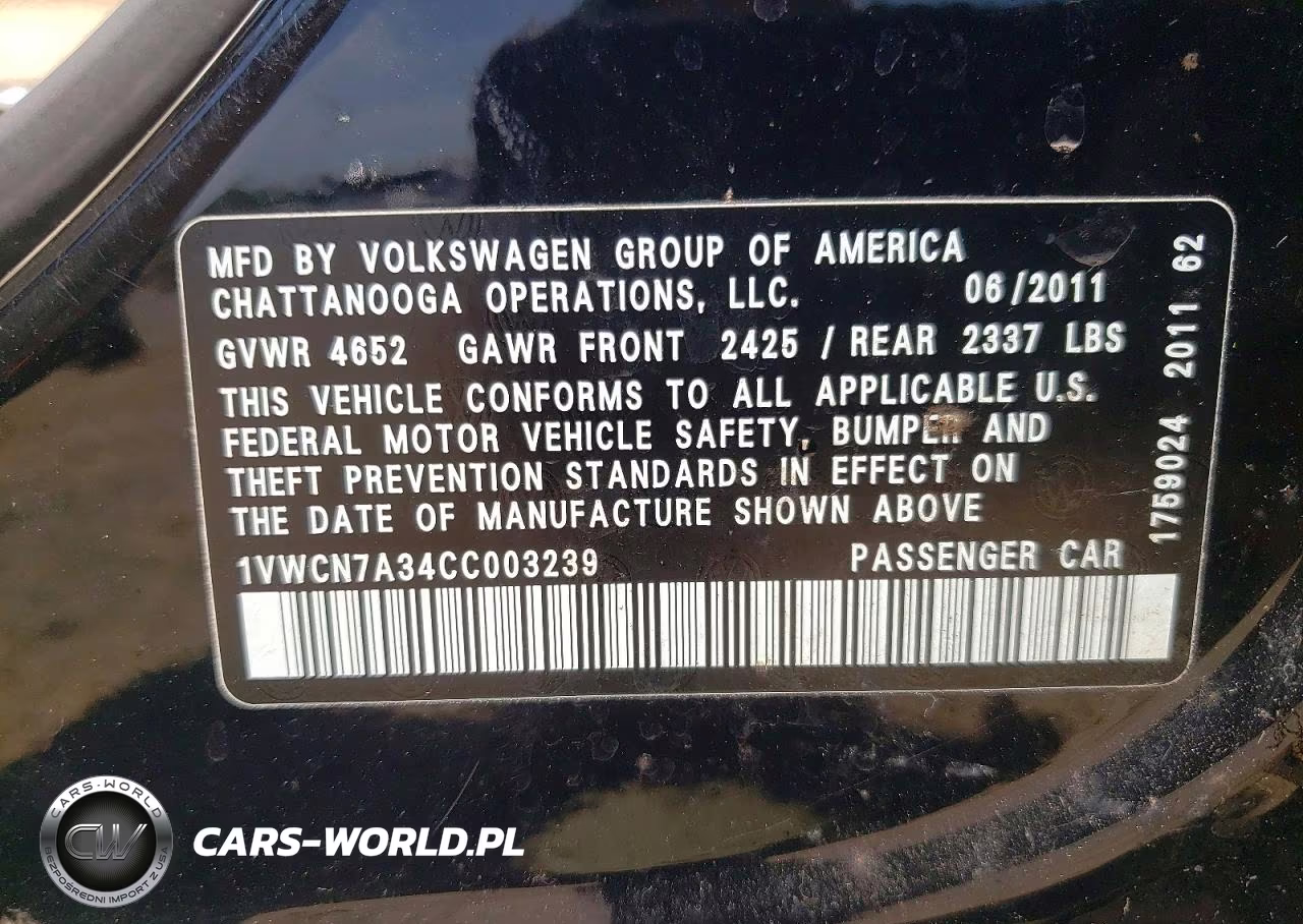 2012 Volkswagen Passat Sel VIN:1VWCN7A34CC003239 - 12