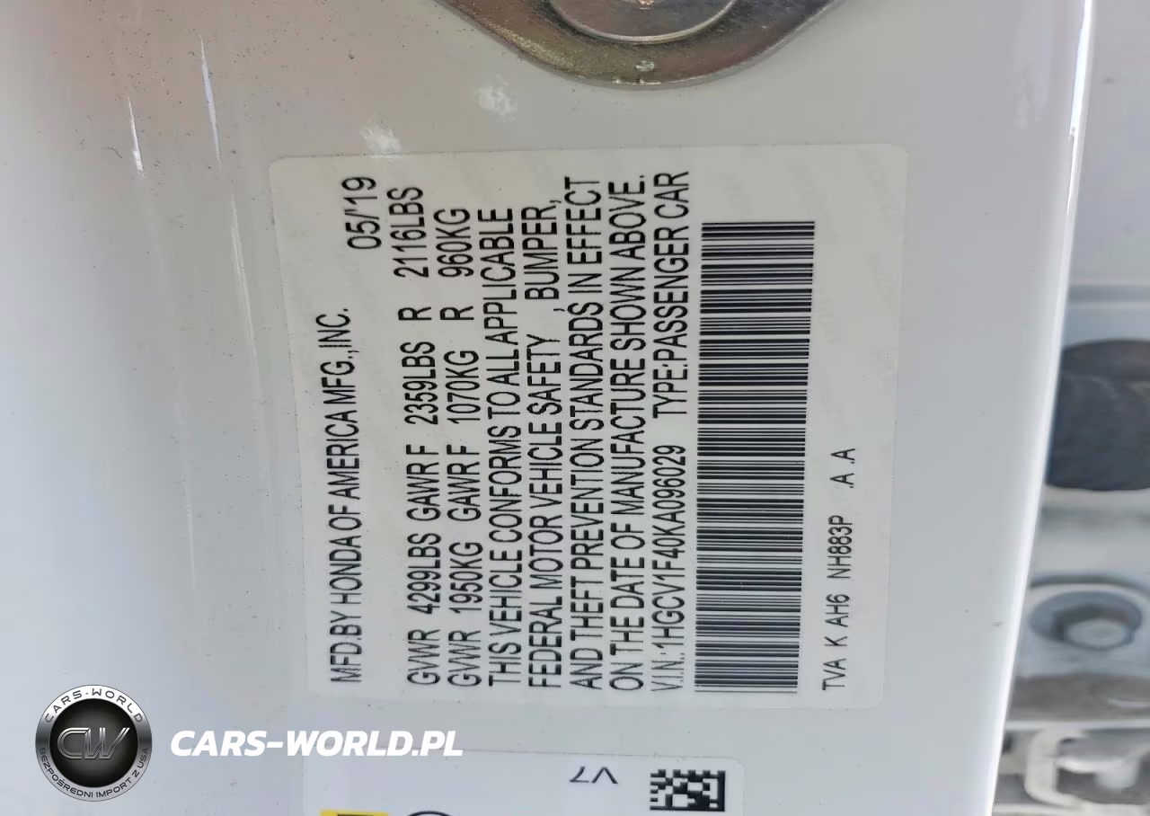 2019 Honda Accord Ex VIN:1HGCV1F40KA096029 - 12