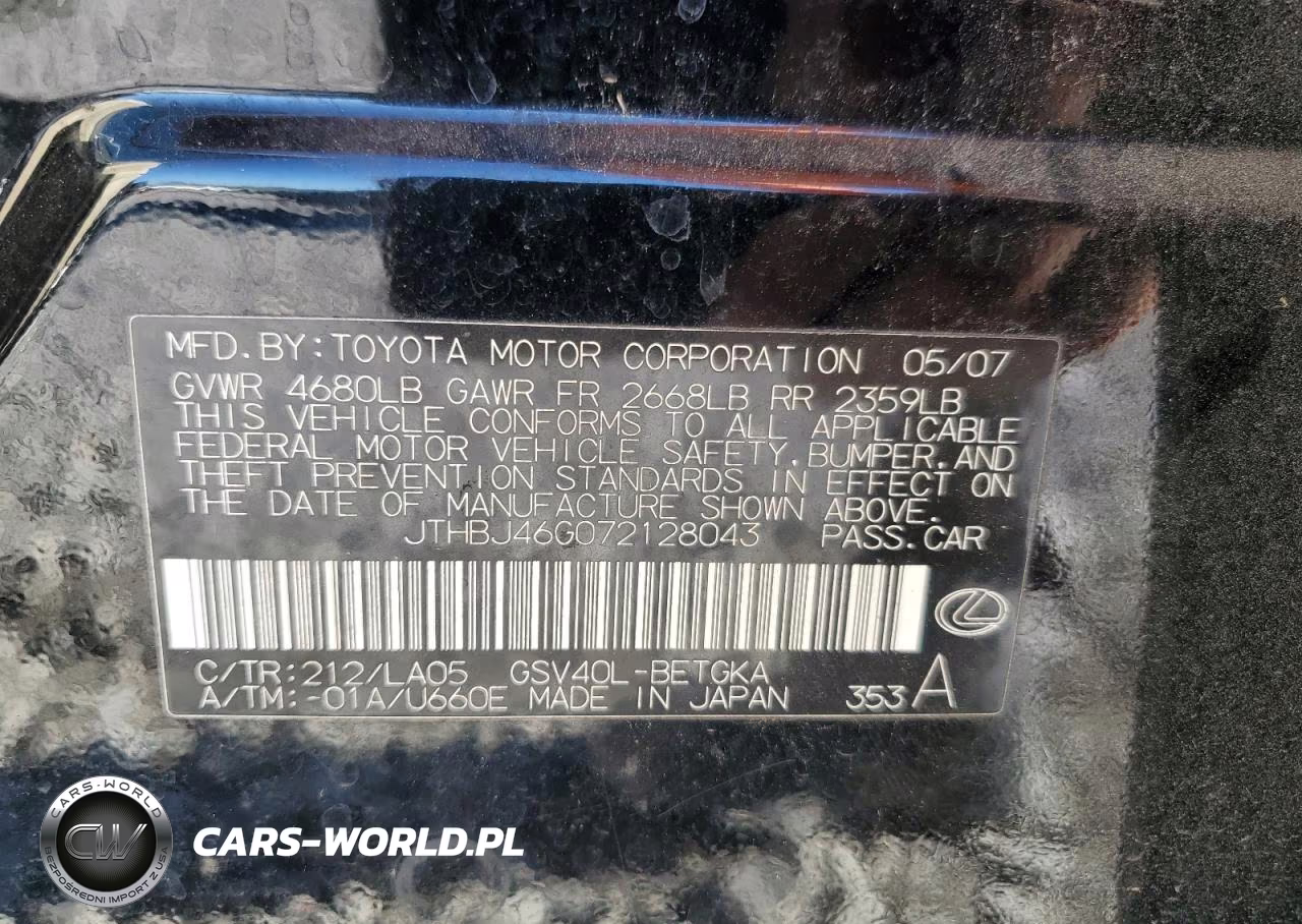 2007 Lexus Es 350 VIN:JTHBJ46G072128043 - 12