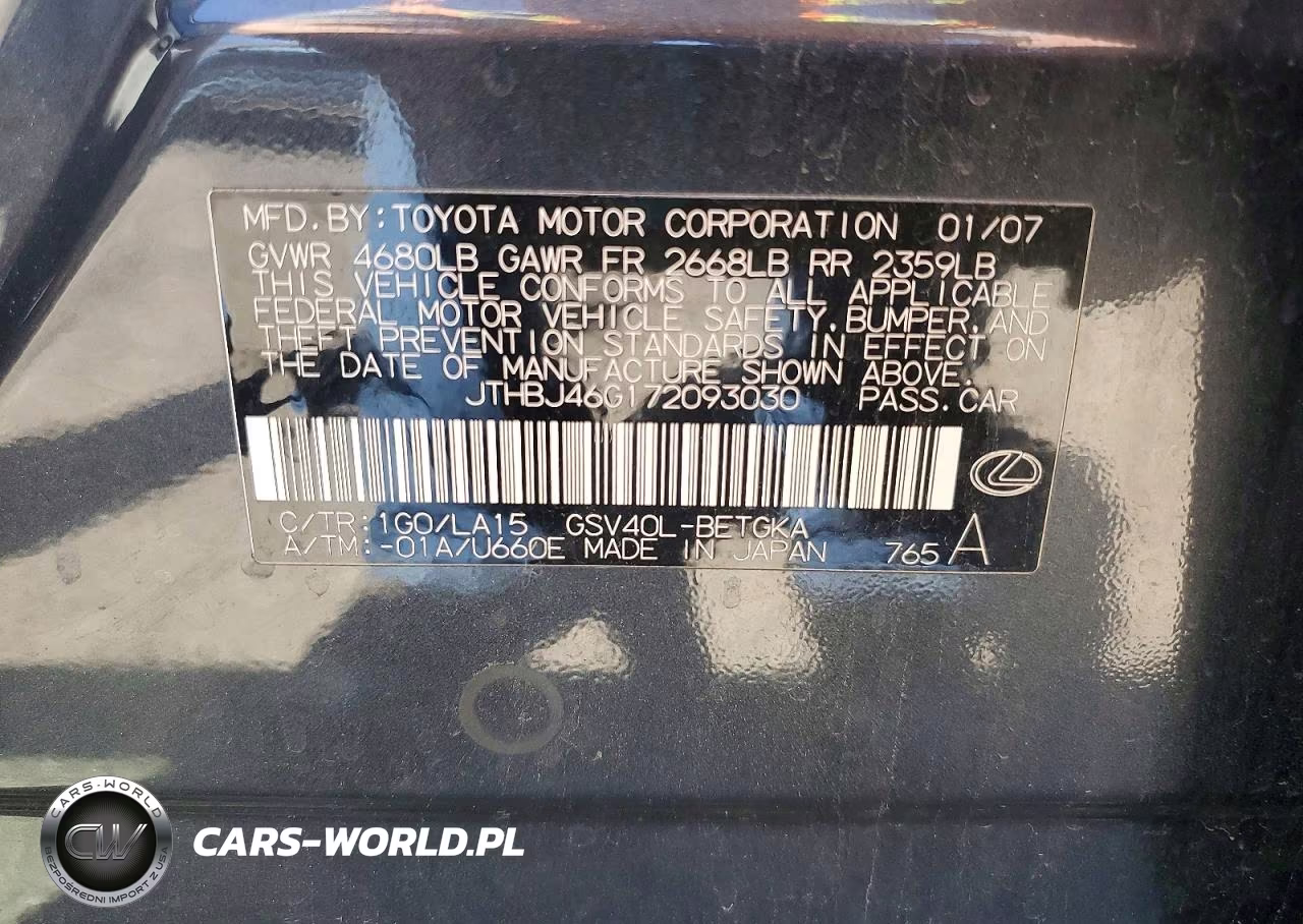 2007 Lexus Es 350 VIN:JTHBJ46G172093030 - 12