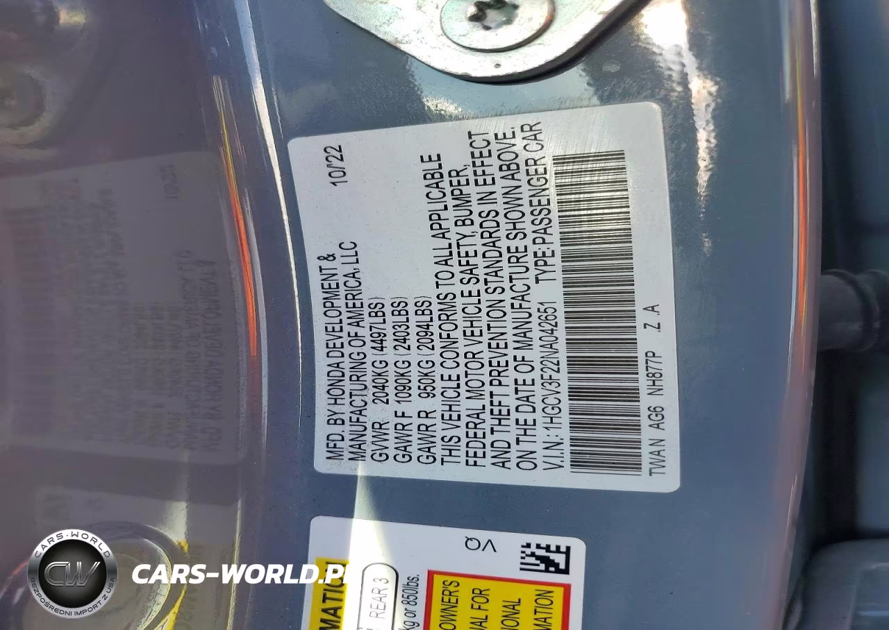 2022 Honda Accord Hybrid Sport VIN:1HGCV3F22NA042651 - 12