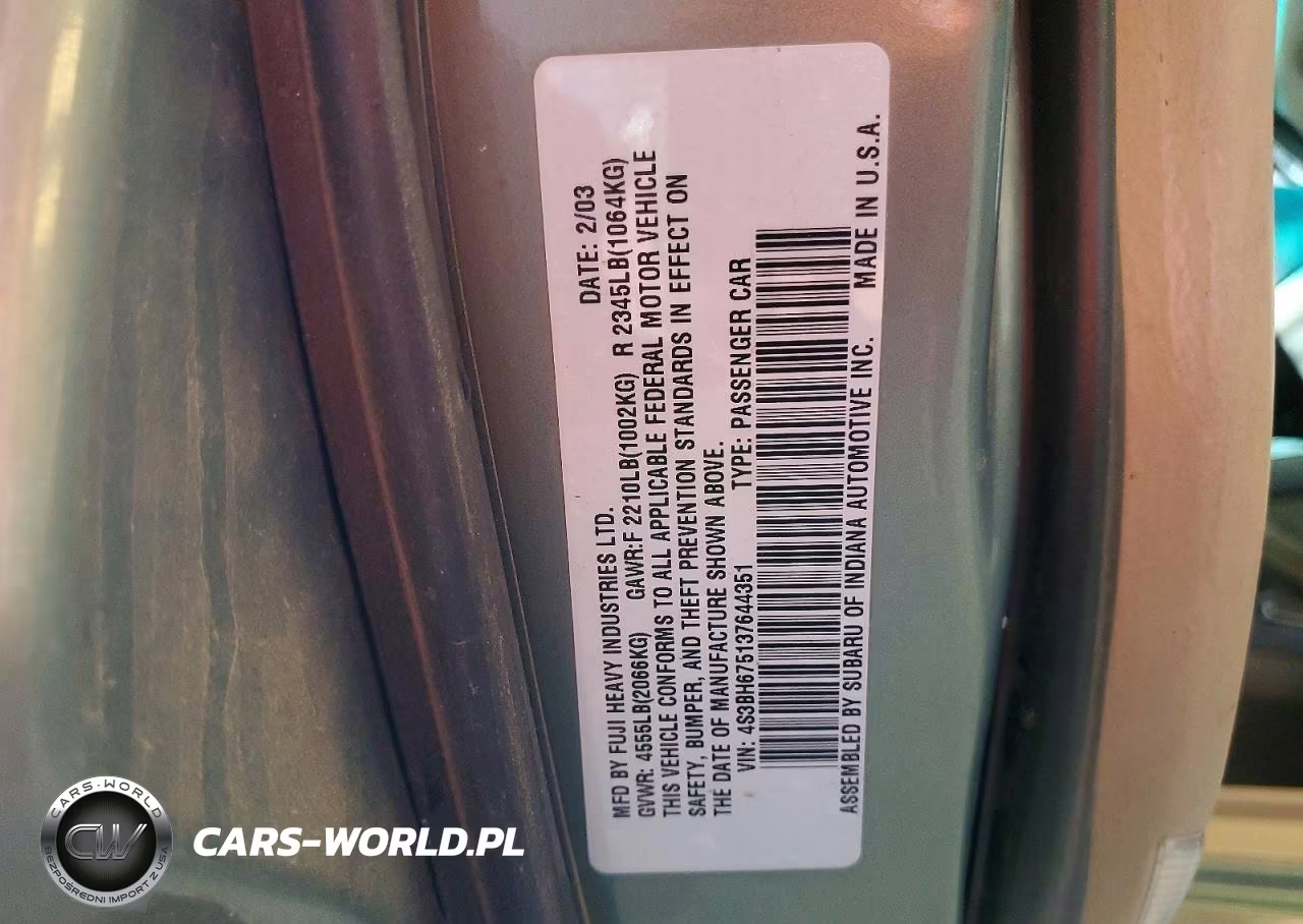 2003 Subaru Legacy Outback Awp VIN:4S3BH675137644351 - 12
