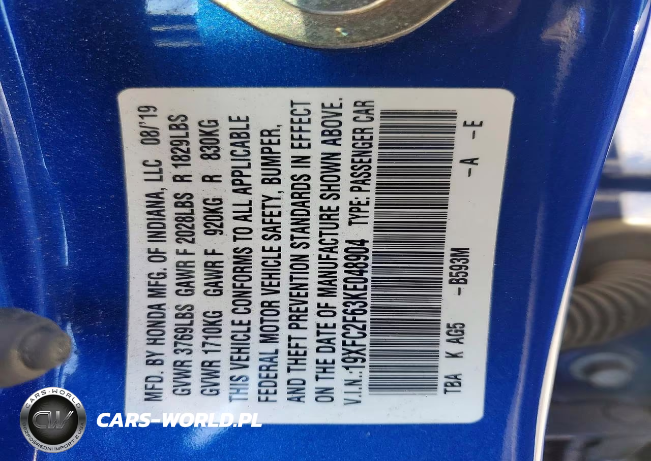 2019 Honda Civic Lx VIN:19XFC2F63KE048904 - 12