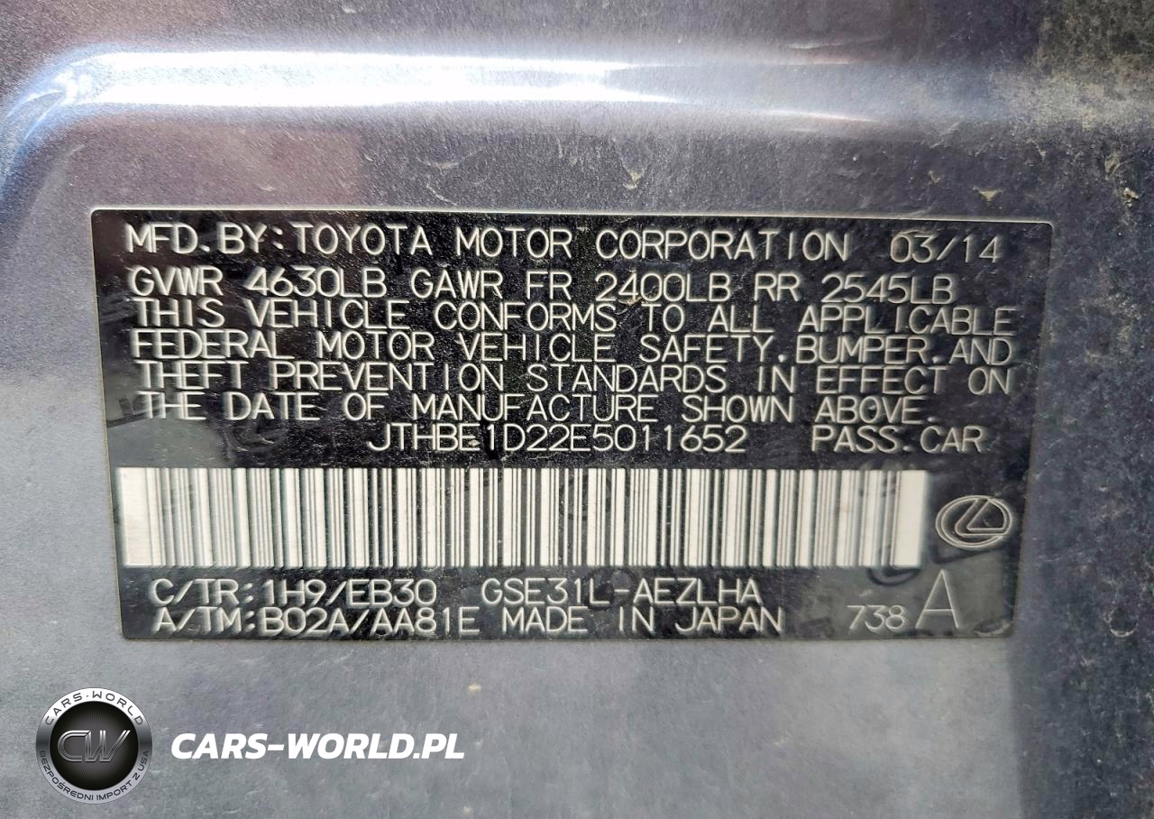 2014 Lexus Is 350 VIN:JTHBE1D22E5011652 - 12