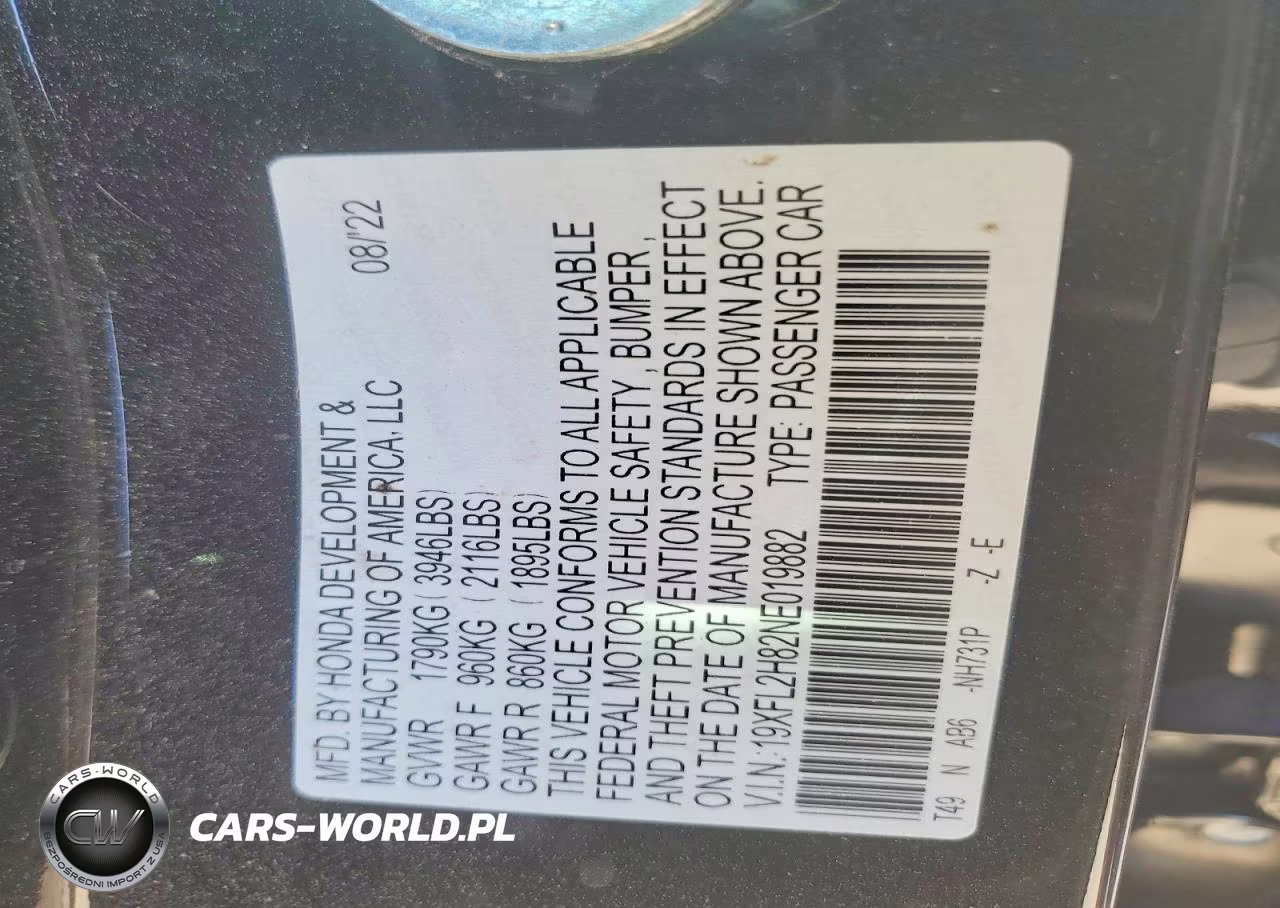 2022 Honda Civic Sport VIN:19XFL2H82NE019882 - 12