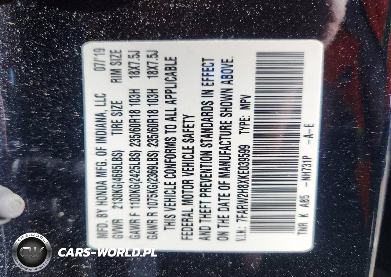 2019 Honda Cr-V Exl VIN:7FARW2H8XKE039599 - 13