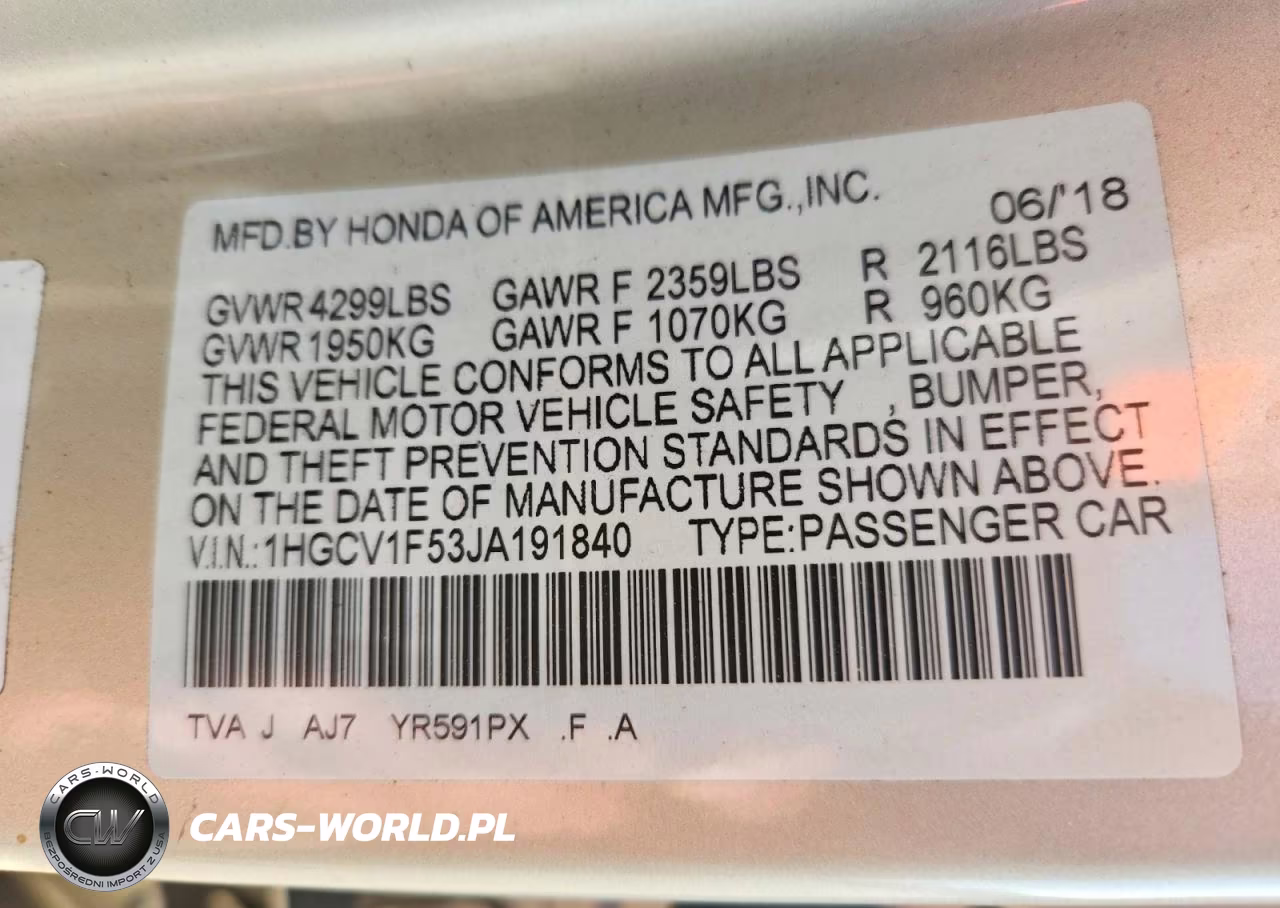 2018 Honda Accord Exl VIN:1HGCV1F53JA191840 - 12