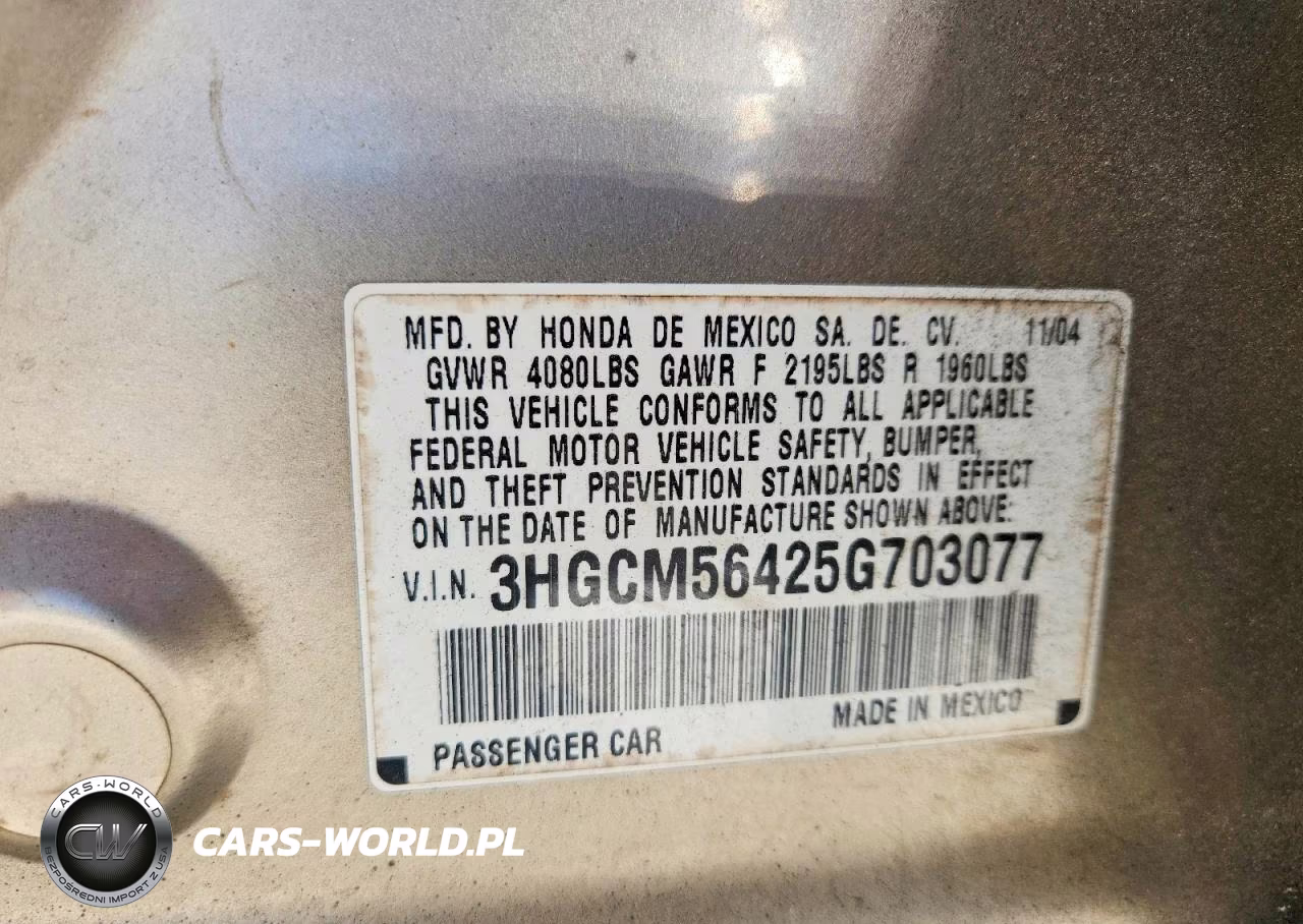 2005 Honda Accord VIN:3HGCM56425G703077 - 12