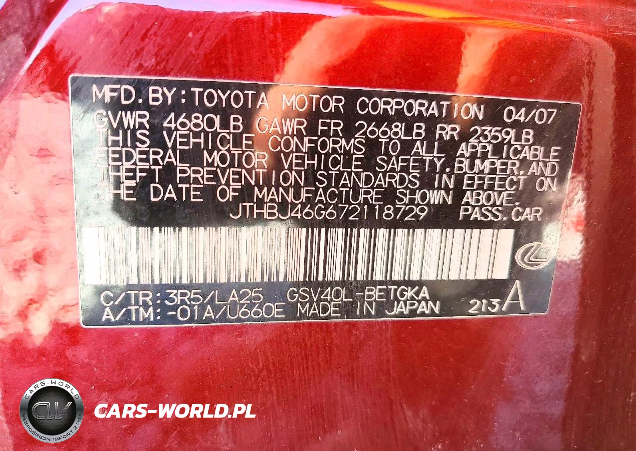 2007 Lexs Es 350 VIN:JTHBJ46G672118729 - 12