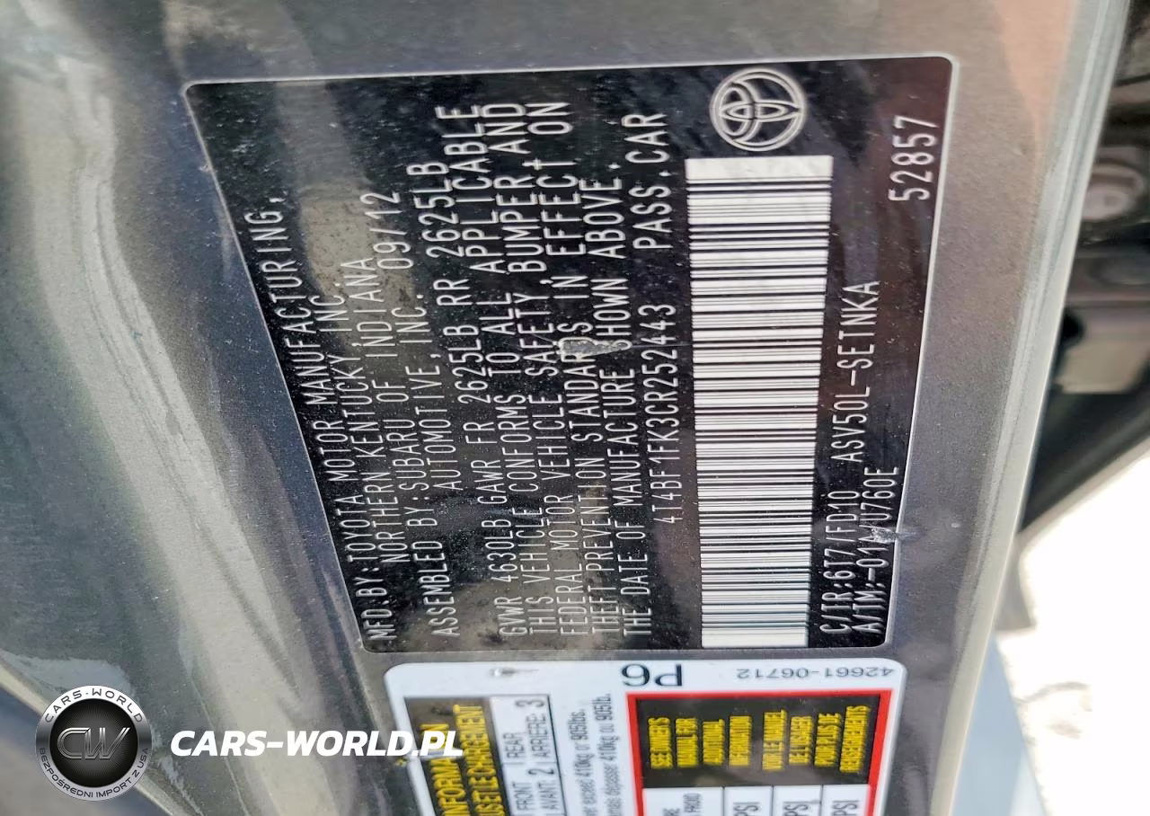 2012 Toyota Camry Le VIN:4T4BF1FK3CR252443 - 12