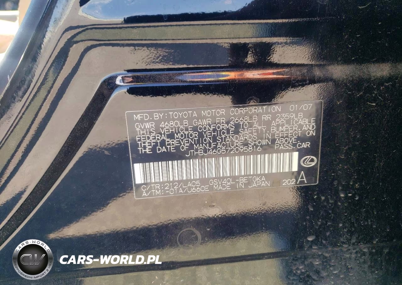2007 Lexus Es 350 Base VIN:JTHBJ46G572095816 - 12