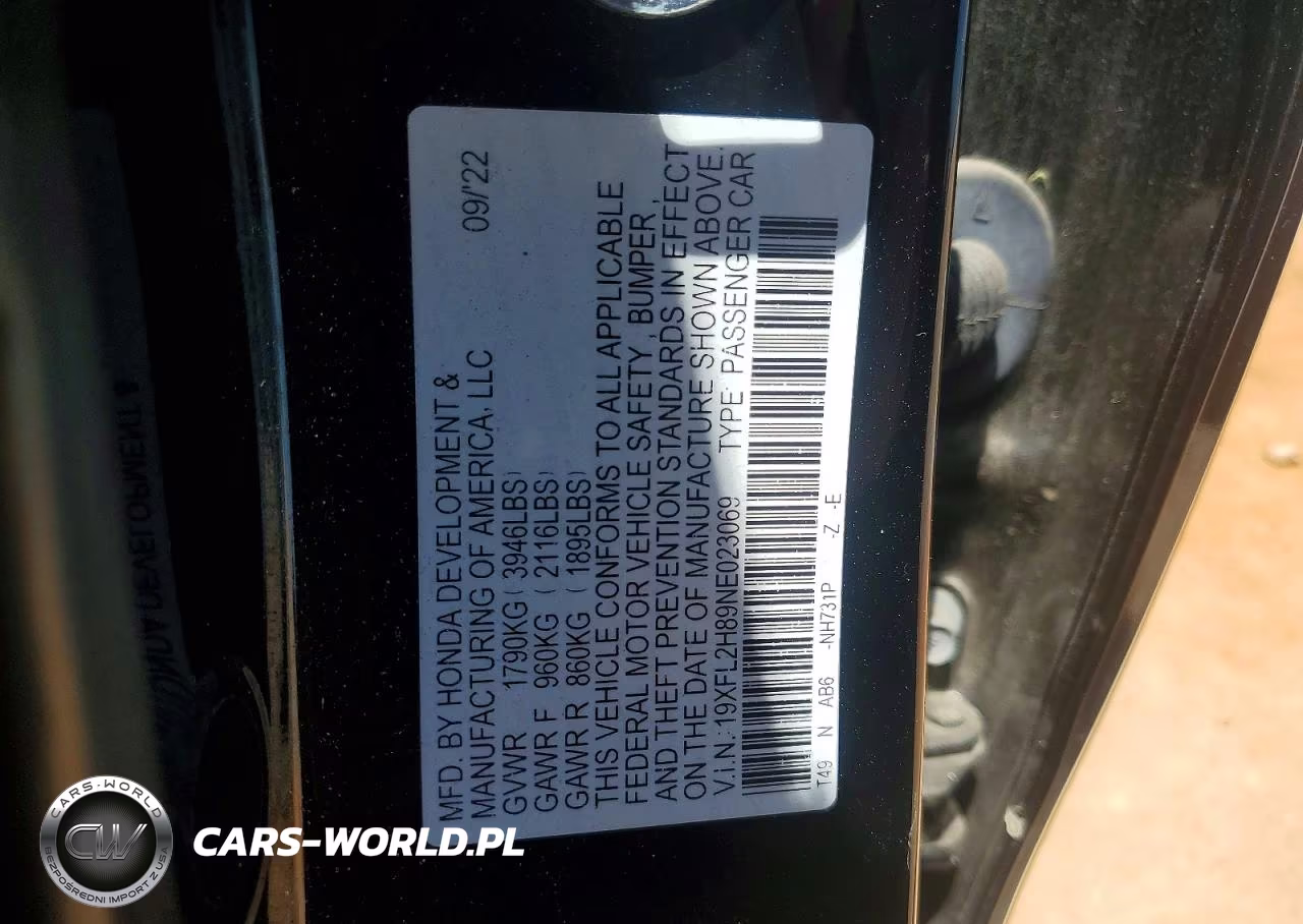2022 Honda Civic Sport VIN:19XFL2H89NE023069 - 12