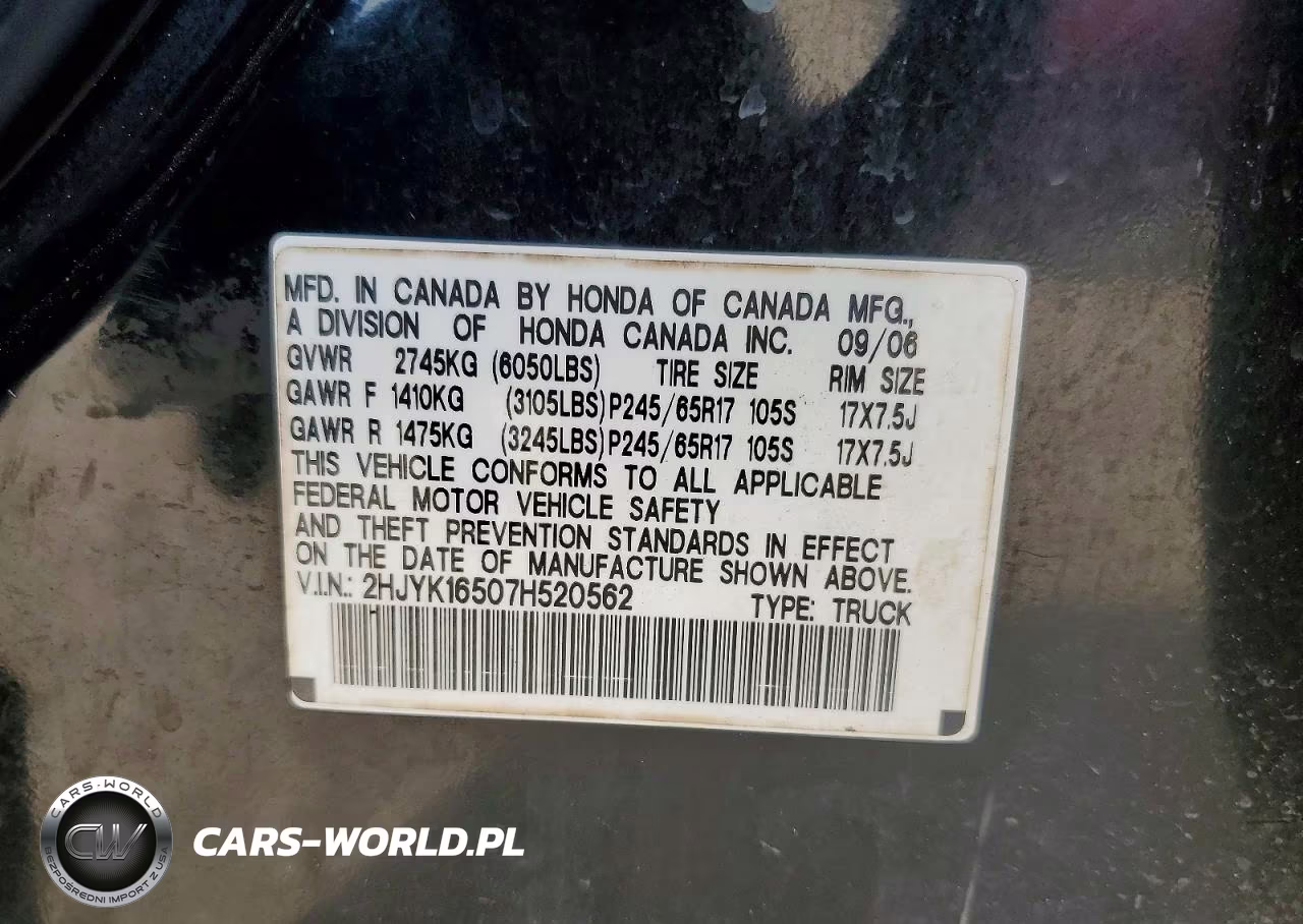 2007 Honda Ridgeline Rtl VIN:2HJYK16507H520562 - 12