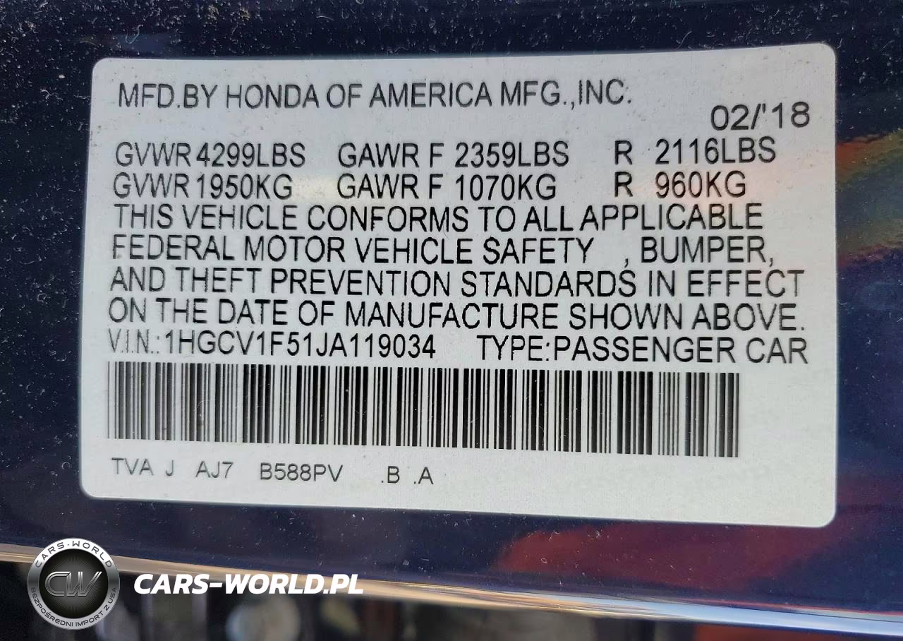 2018 Honda Accord Exl VIN:1HGCV1F51JA119034 - 12